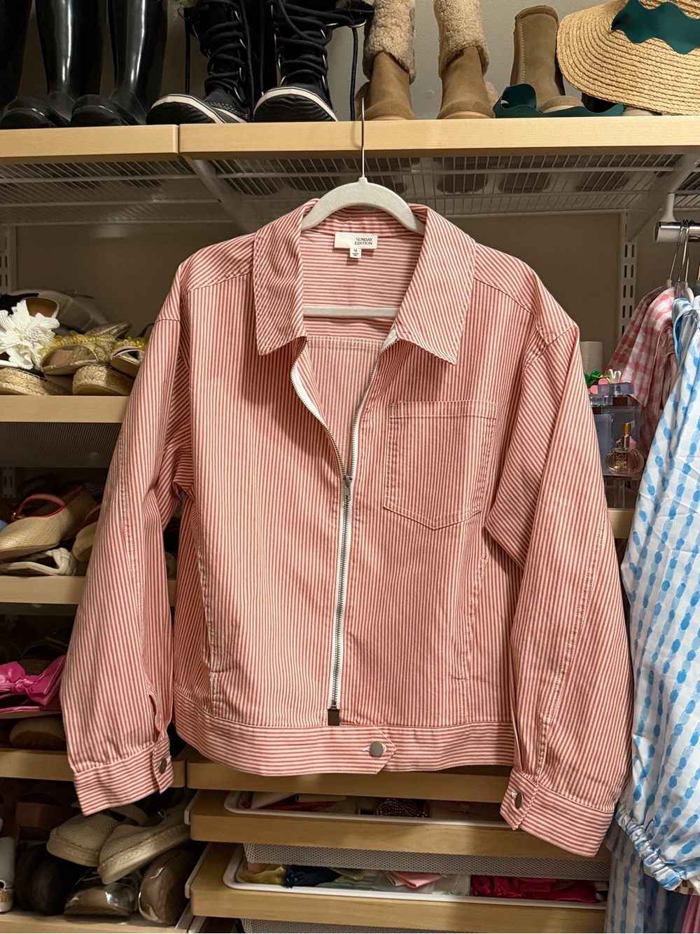 Striped Pink Zip-Front Jean Jacket by Unknown Brand